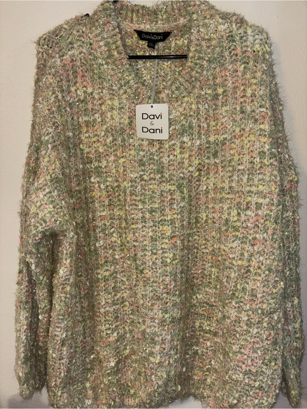 DAVI & DANI Pastel Bouclé Crewneck Sweater in Cream, Pink & Green with sparkles